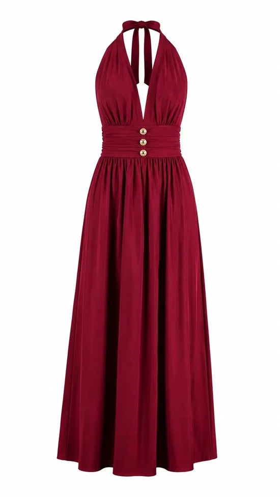 LONGARD HAUL-NECK LONG DRESS- BURGUNDY- Blue - white