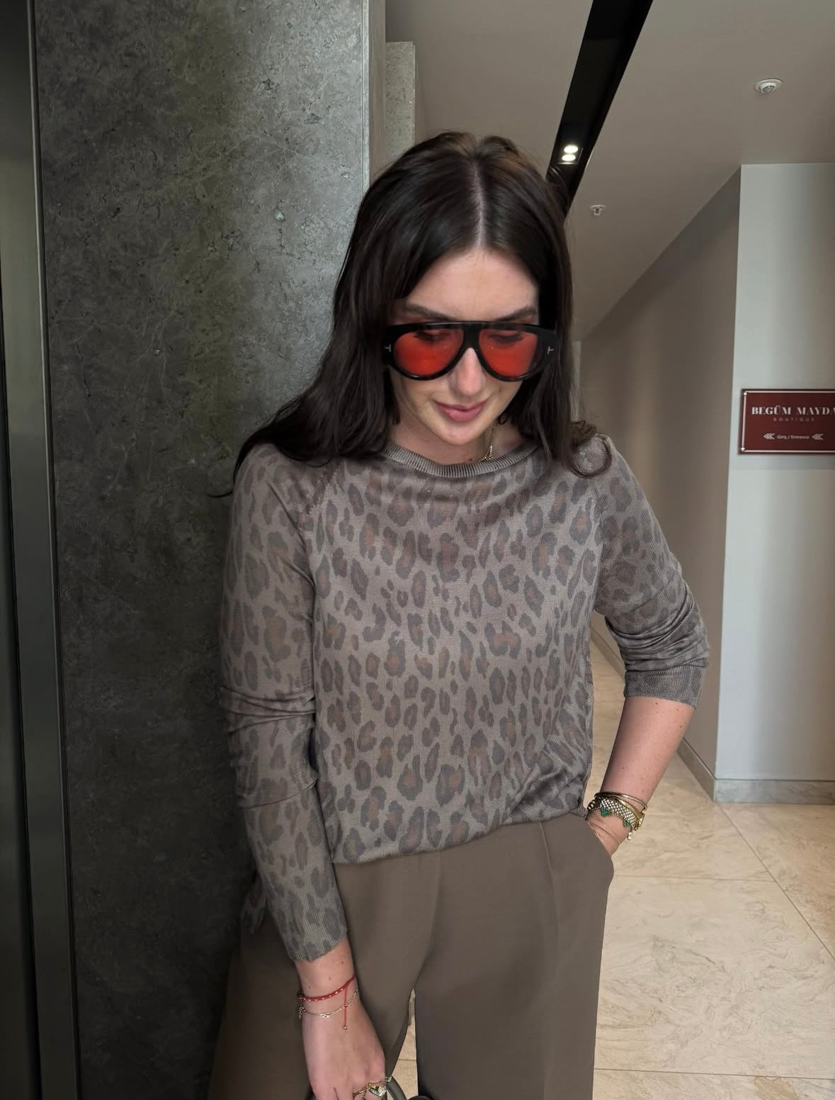 Crew Neck Leopard Printed Knit Sweater-Mink