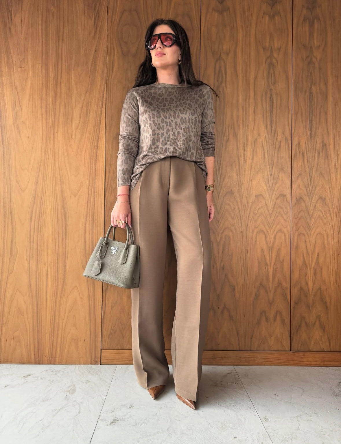Crew Neck Leopard Printed Knit Sweater-Mink