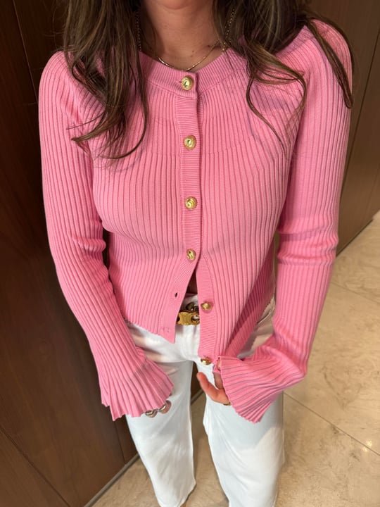 Crew Neck Buttoned Spanish Sleeve Knitwear Cardigan-Dark Pink