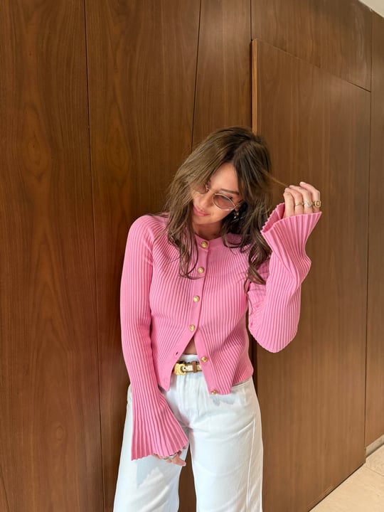 Crew Neck Buttoned Spanish Sleeve Knitwear Cardigan-Dark Pink