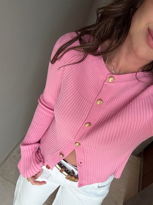 Crew Neck Buttoned Spanish Sleeve Knitwear Cardigan-Dark Pink