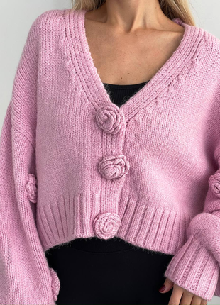 Warm-RED - PINK Loose-Fit cardigan with voluminous Roses