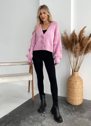 Warm-RED - PINK Loose-Fit cardigan with voluminous Roses