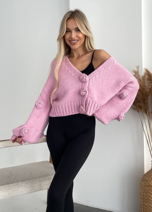 Warm-RED - PINK Loose-Fit cardigan with voluminous Roses