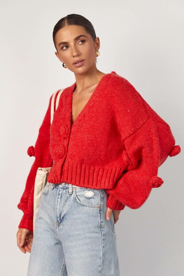 Warm-RED - PINK Loose-Fit cardigan with voluminous Roses