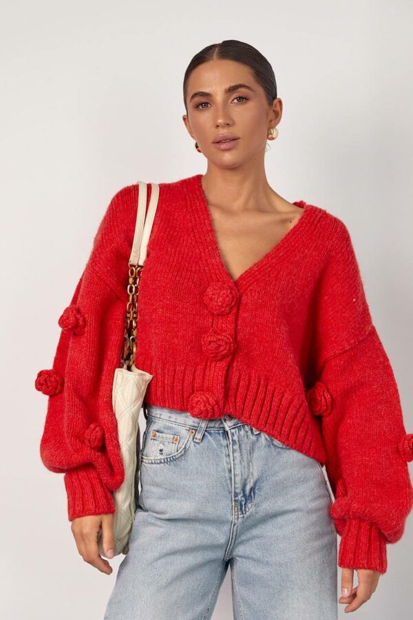 Warm-RED - PINK Loose-Fit cardigan with voluminous Roses