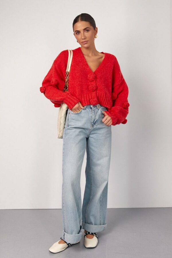 Warm-RED - PINK Loose-Fit cardigan with voluminous Roses