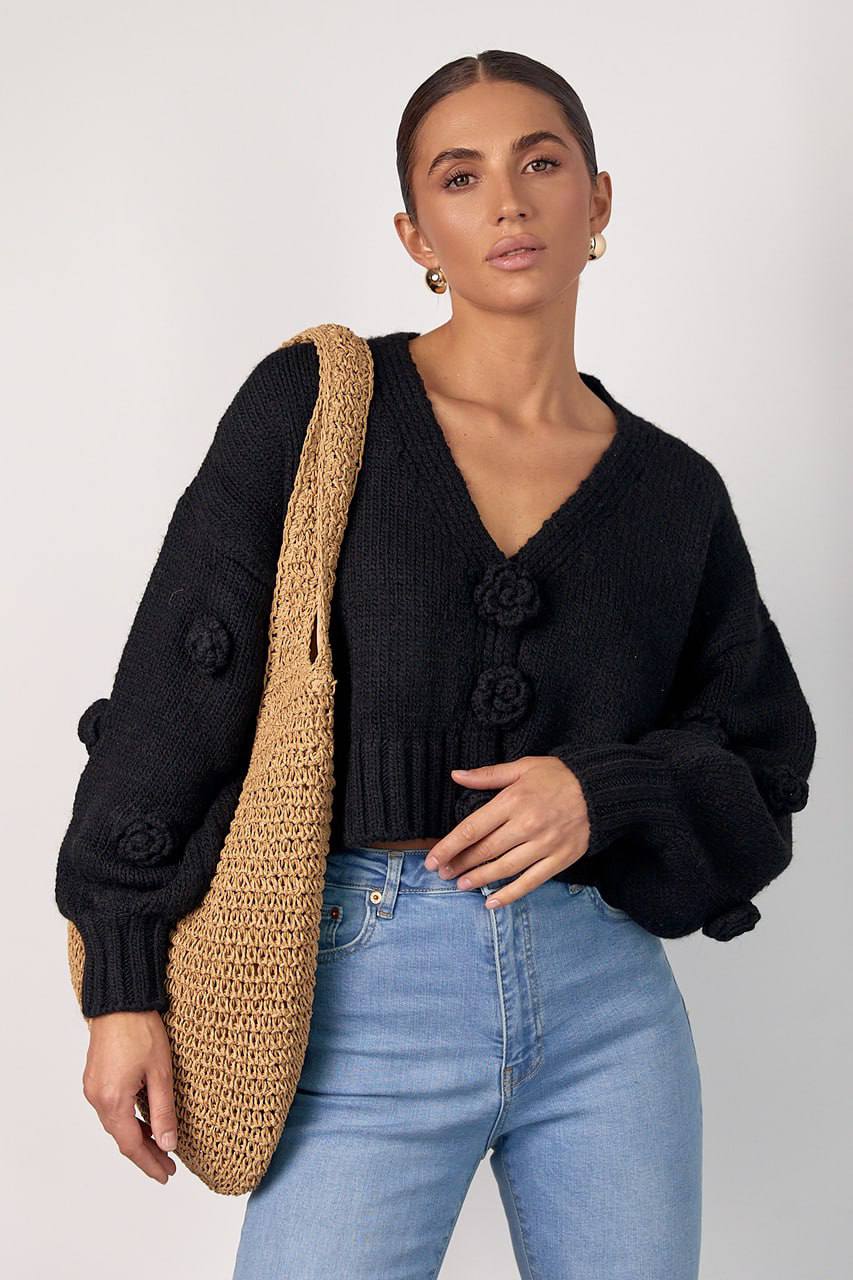 Warm-RED - PINK Loose-Fit cardigan with voluminous Roses