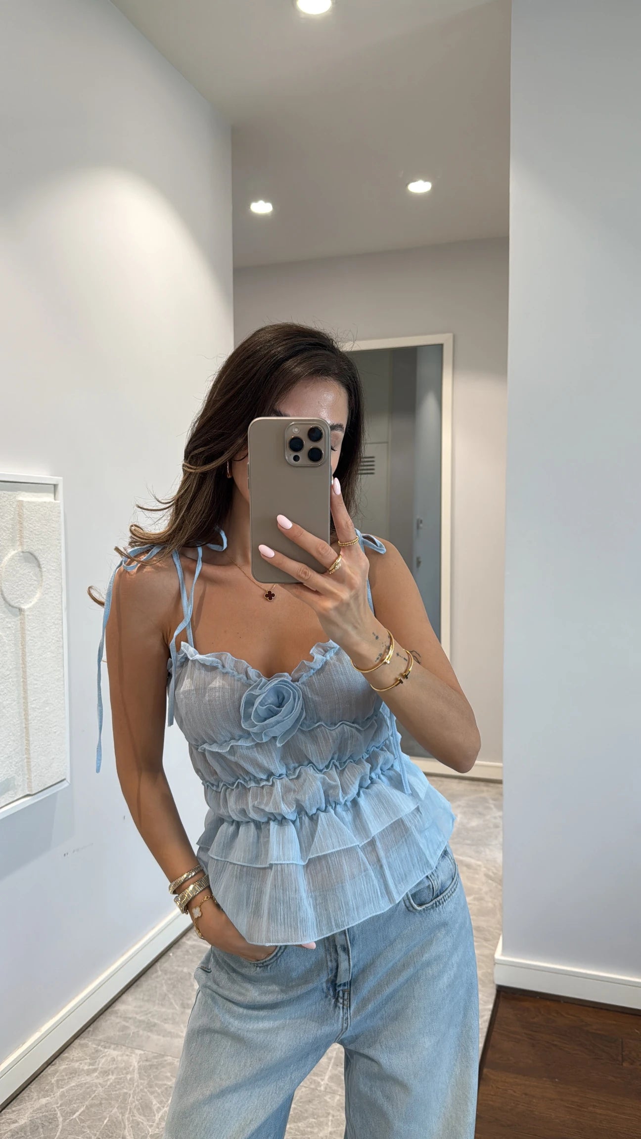 FRILLED ROSE DETAILED STRAP BLOUSE