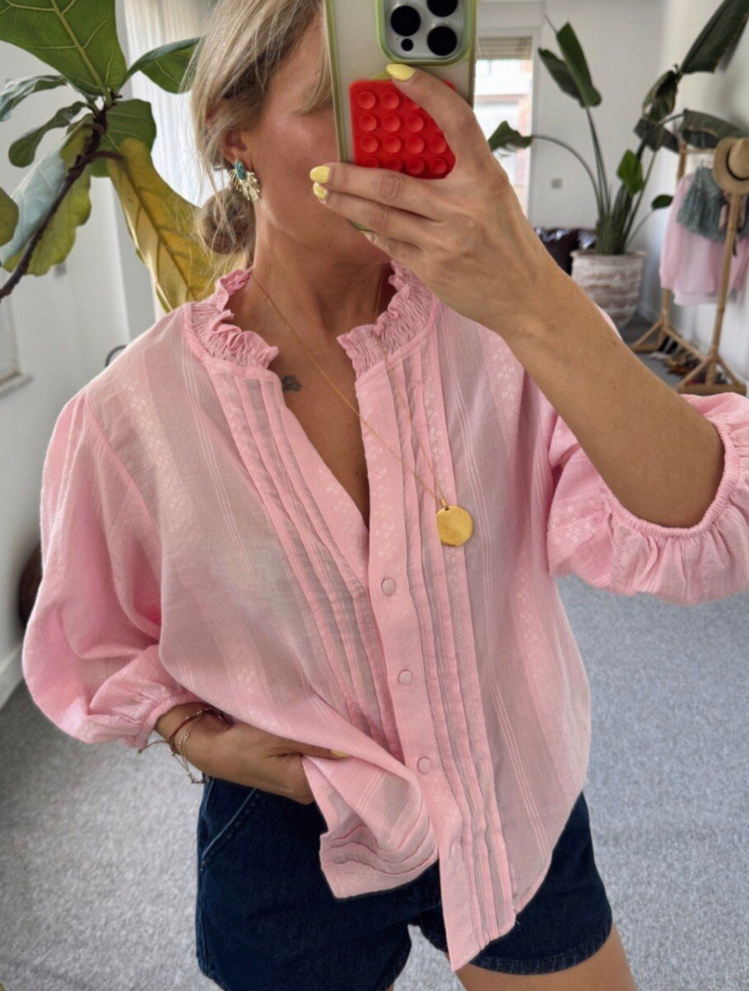 Ribbed Detailed Balloon Sleeve Shirt-pink