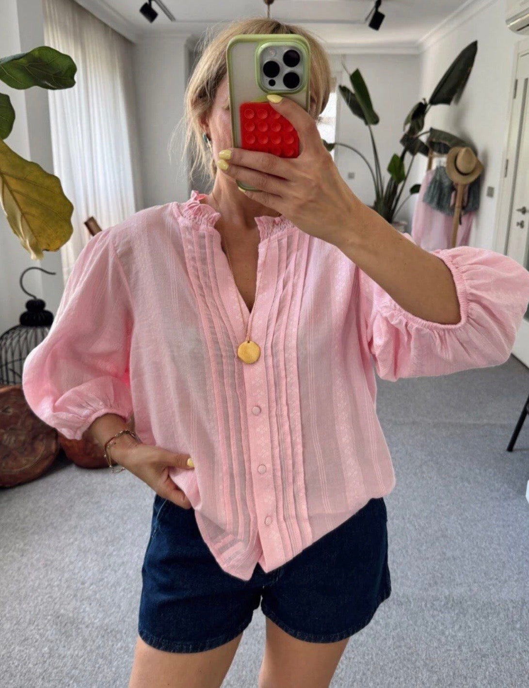 Ribbed Detailed Balloon Sleeve Shirt-pink