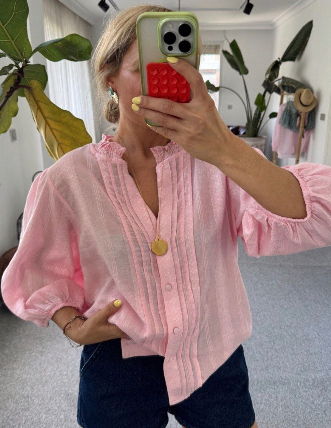Ribbed Detailed Balloon Sleeve Shirt-pink
