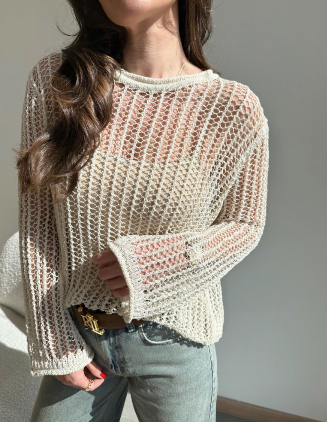 crew neck open transparent sweater