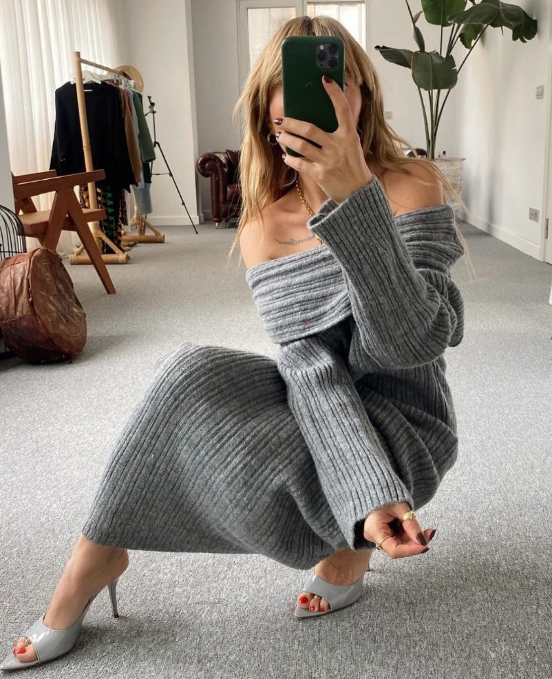 Maxi  collar  Knitwear Dress - GREY