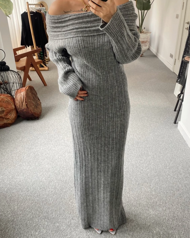 Maxi  collar  Knitwear Dress - GREY