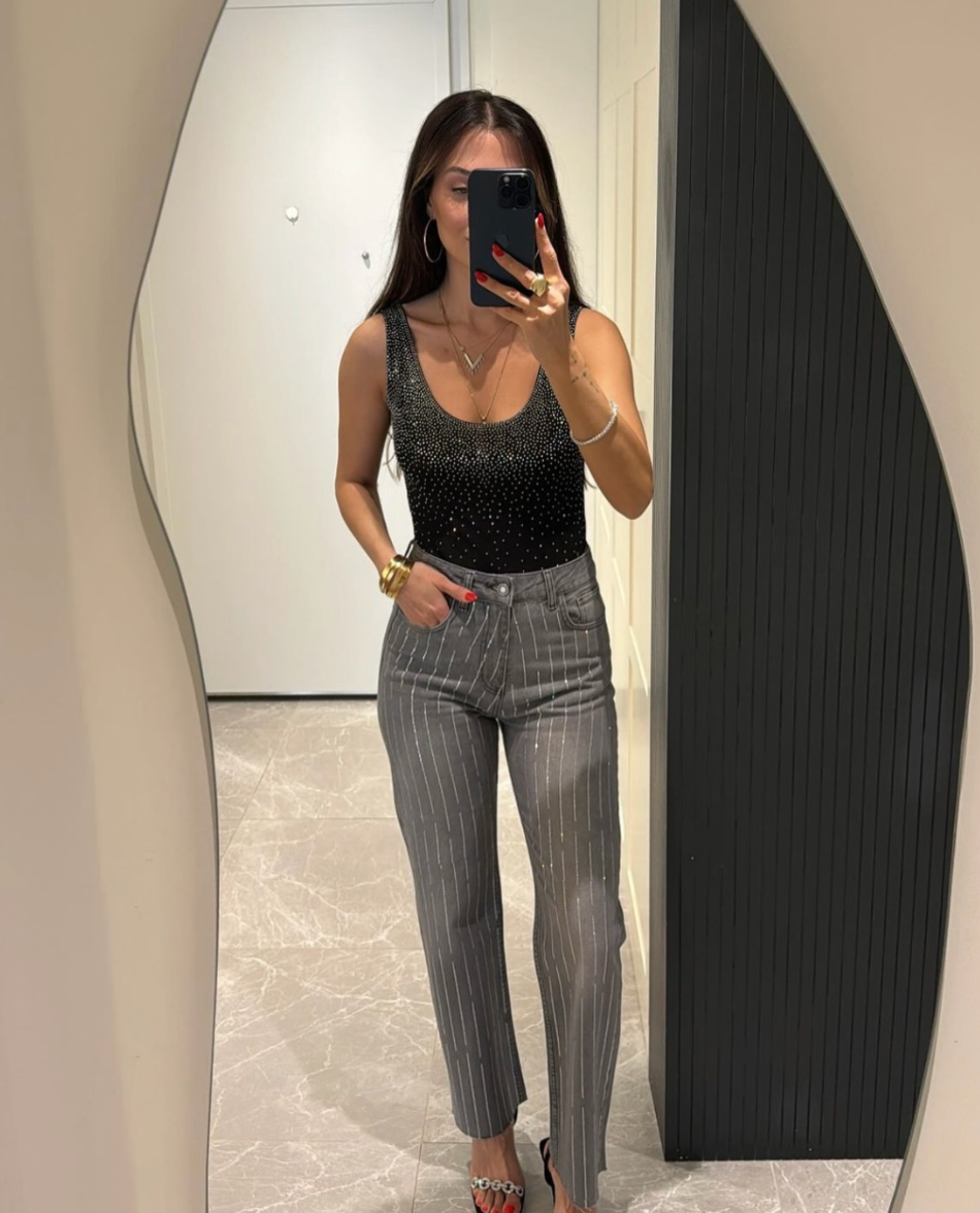 Brand model black stone detailed transparent bodysuit