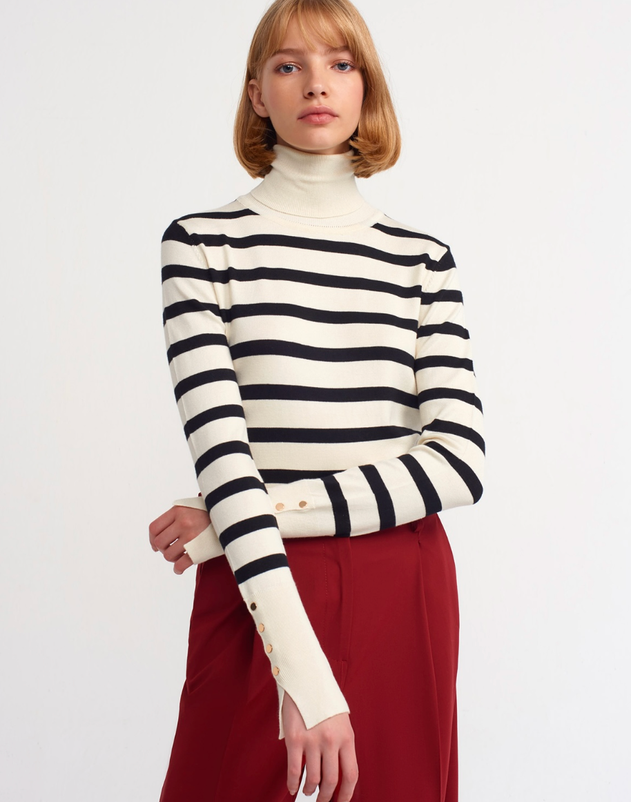 Turtleneck Striped Duroplu Sweater-