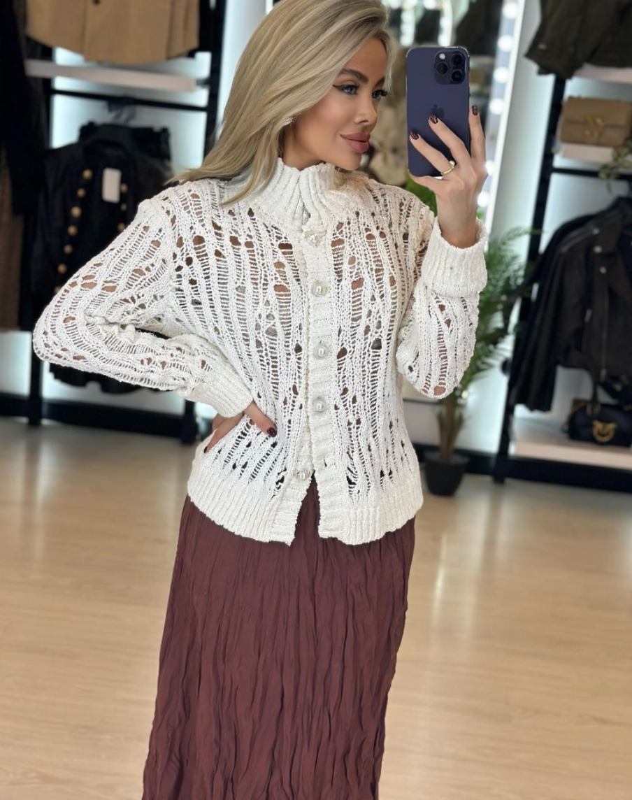 Pearl Buttoned Knitwear Cardigan-OFF WHITE