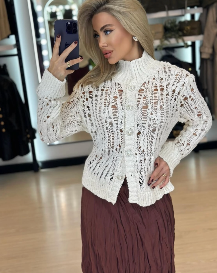 Pearl Buttoned Knitwear Cardigan-OFF WHITE
