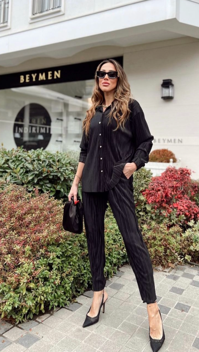 Black Accordion Fabric Shirt Pants Double Women's Suit Emerald