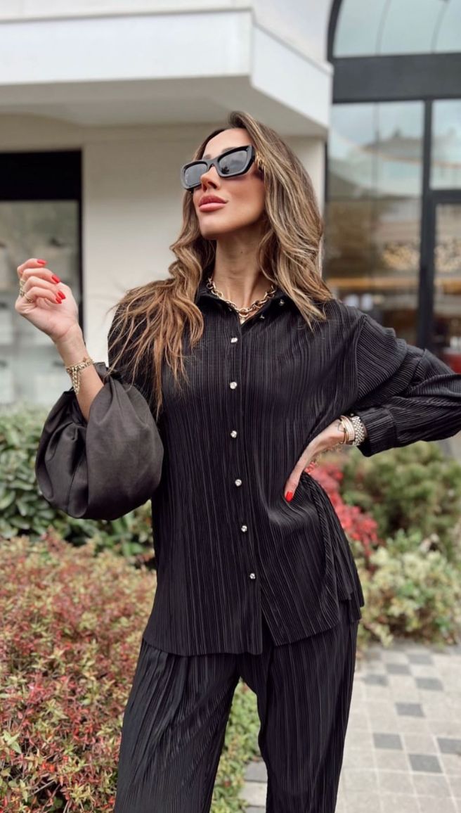 Black Accordion Fabric Shirt Pants Double Women's Suit Emerald