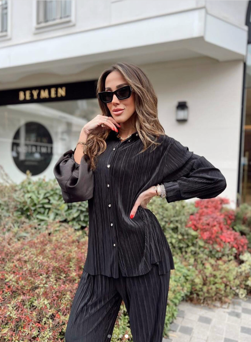 Black Accordion Fabric Shirt Pants Double Women's Suit Emerald