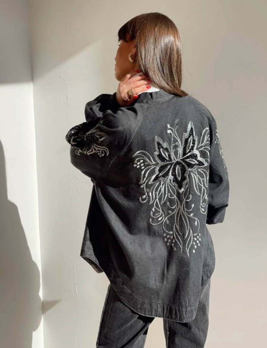 Denim cardigan with handmade stitches