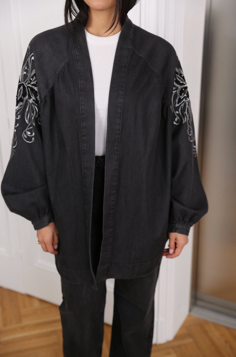 Denim cardigan with handmade stitches