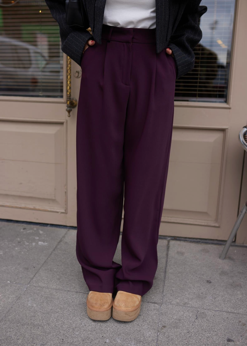 Plum Waisted Dart Stitched Palazzo Trousers