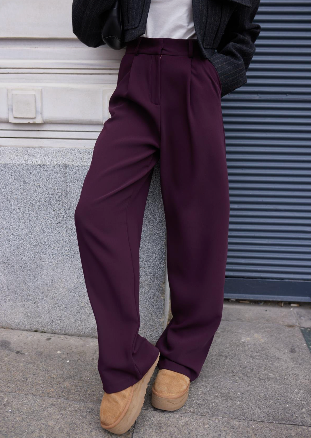 Plum Waisted Dart Stitched Palazzo Trousers