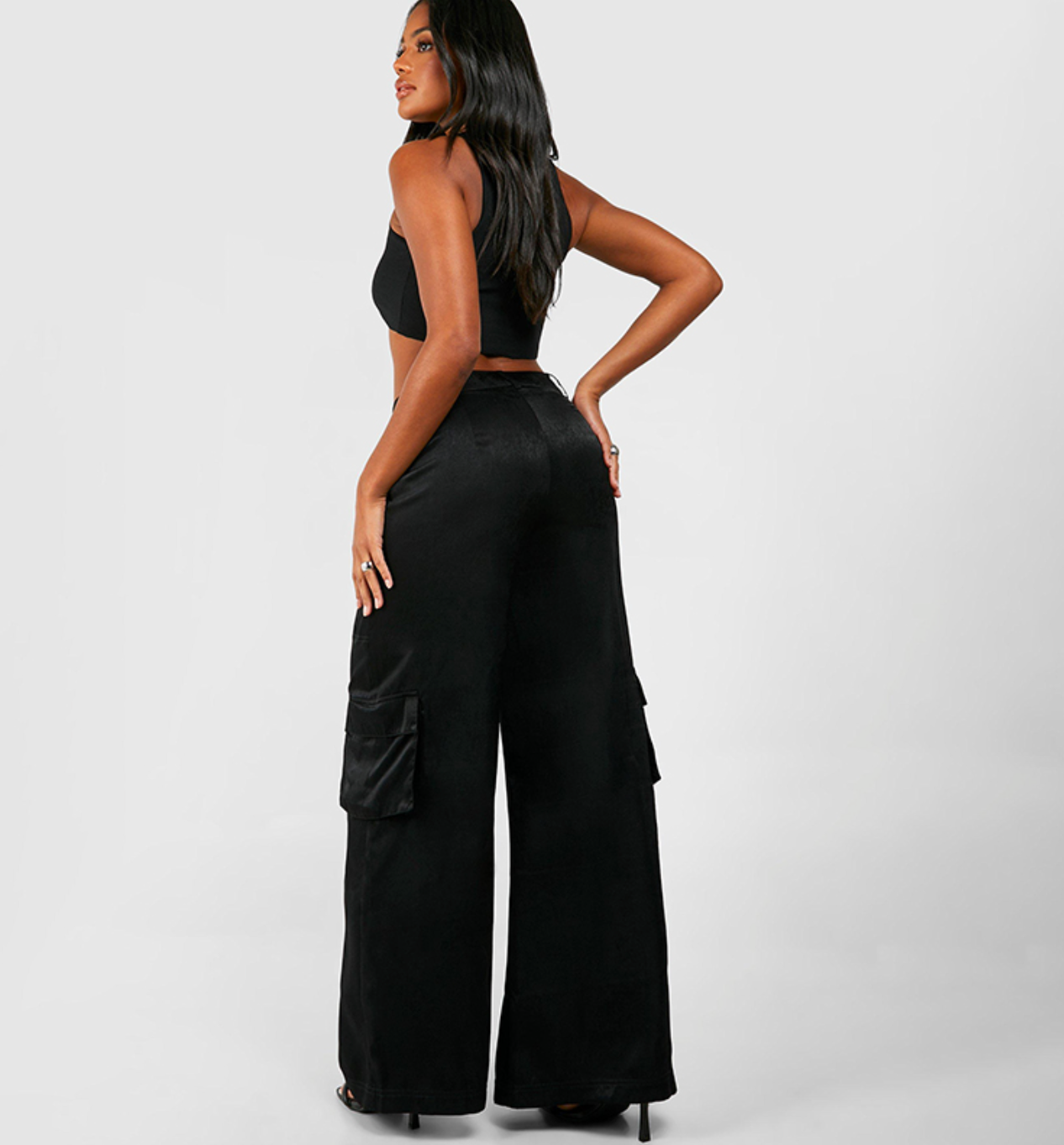 Solid Satin Wide Leg Cargo Trousers