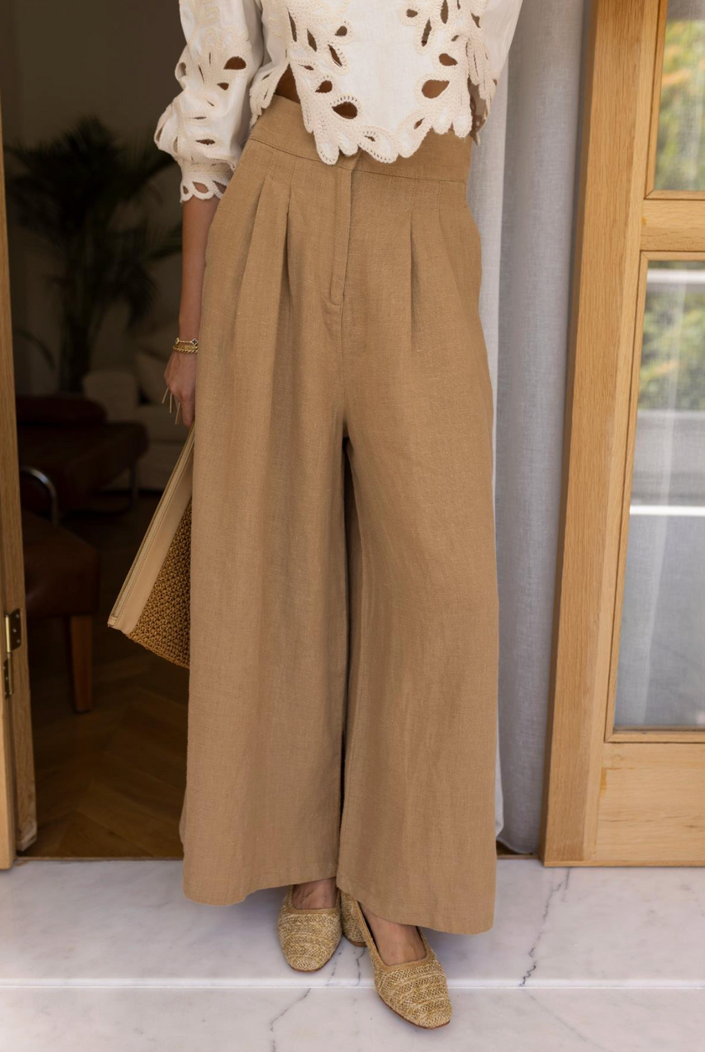 Camel High Waist Front Dart Detail Wide Leg Linen Trousers