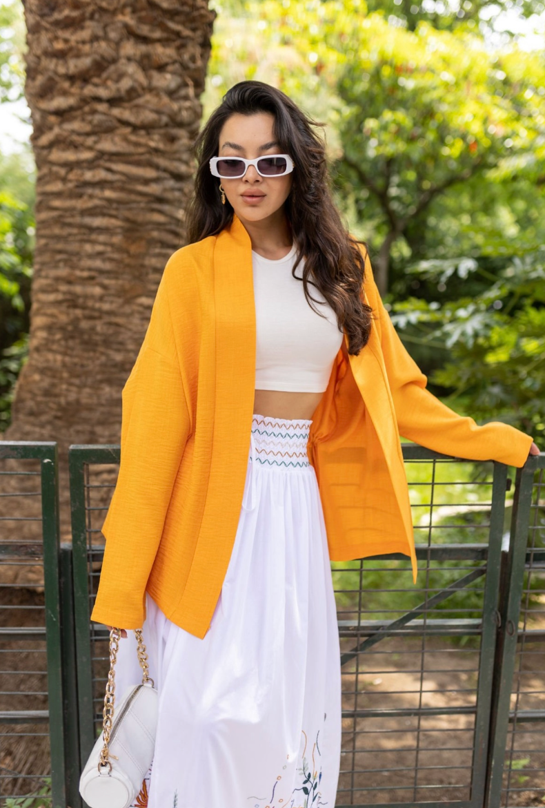 Orange Back Tie Detailed Short Kimono