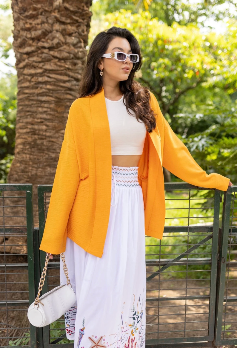 Orange Back Tie Detailed Short Kimono