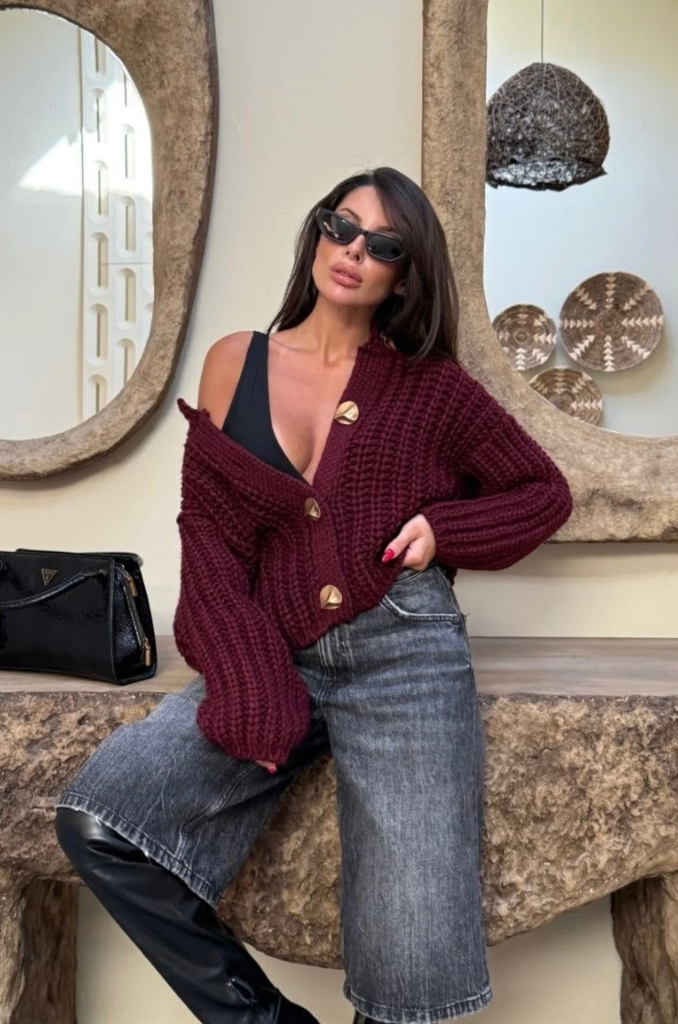 Crew Neck Soft Textured Pocket Buttoned Knit Cardigan-Burgundy