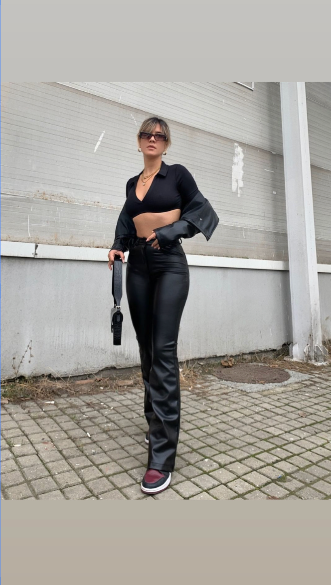 Black leather flare pants