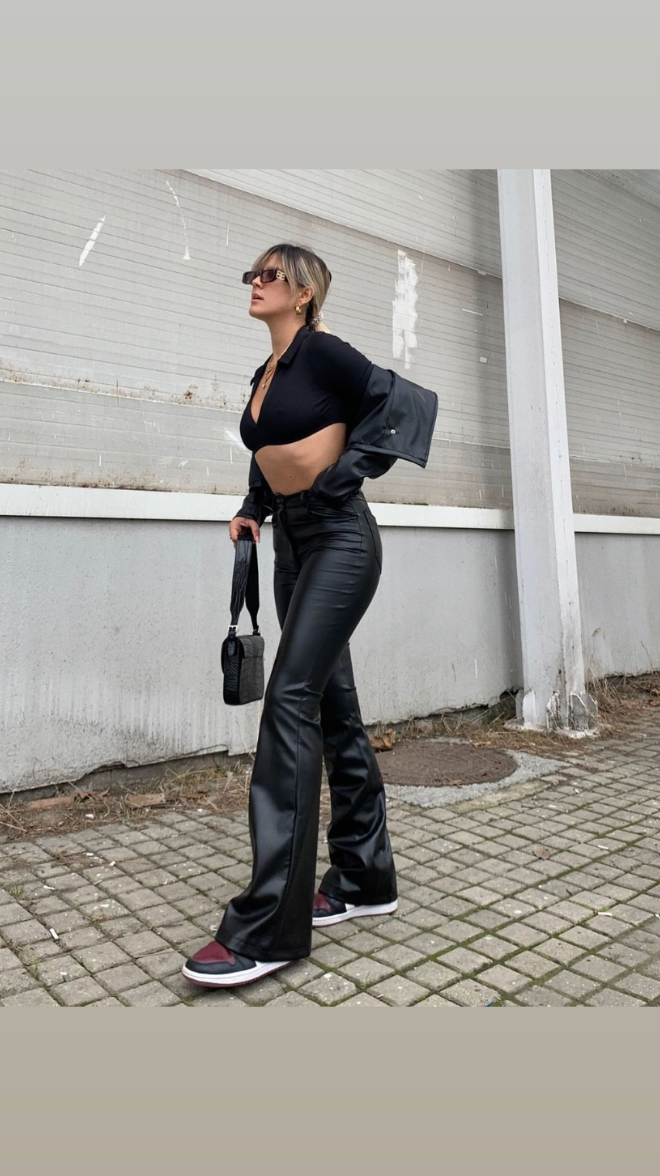 Black leather flare pants