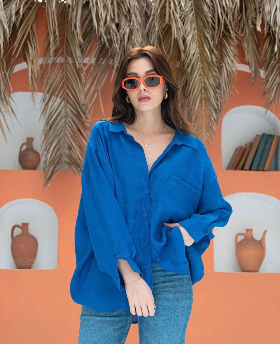 Blue Tencel Fabric Off Shoulder Oversize Shirt
