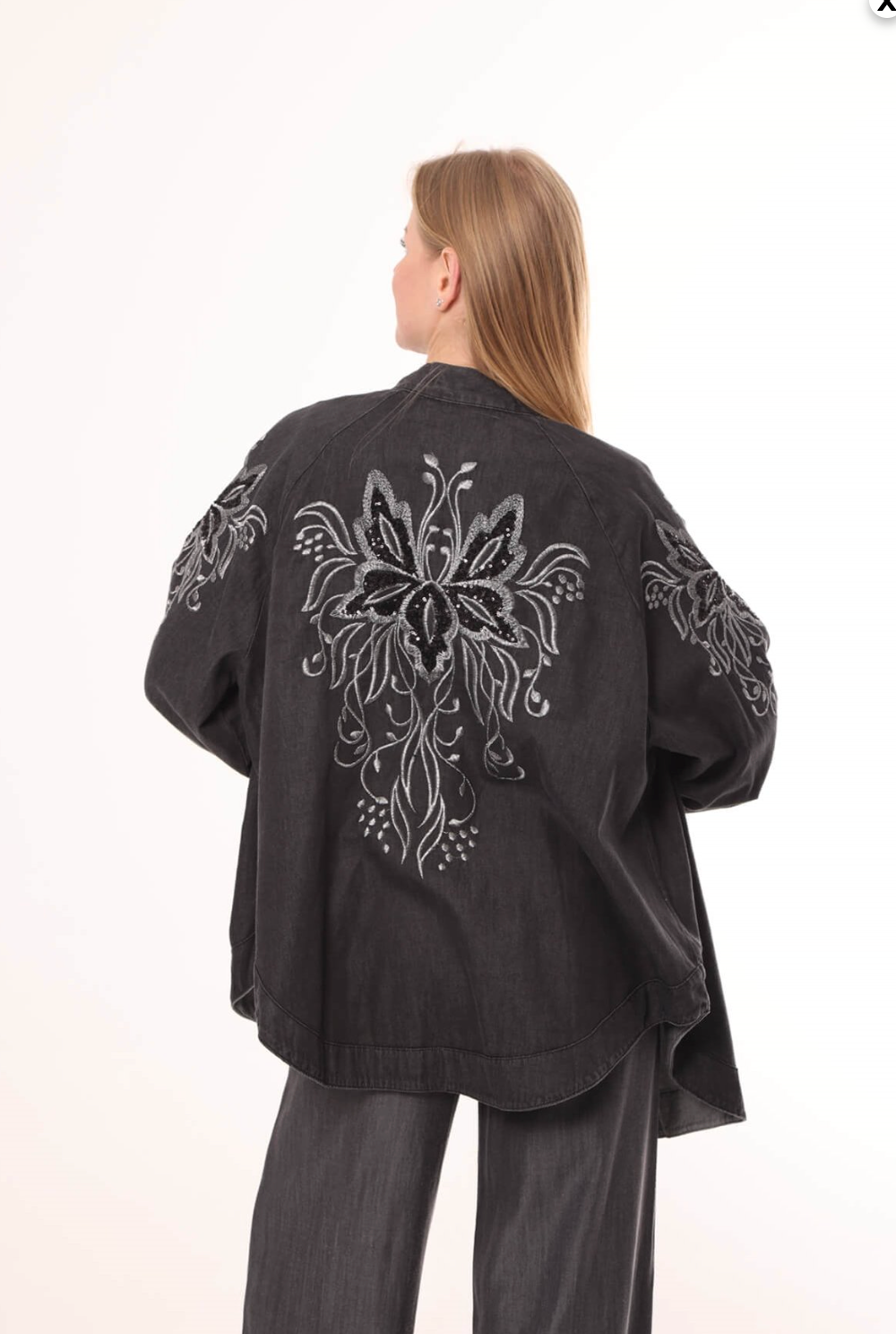 Denim cardigan with handmade stitches